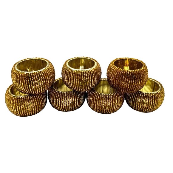 Set Of 7 Elegant Gold Beaded Napkin Rings For Dinner Parties & Special Occasions - Picture 1 of 2